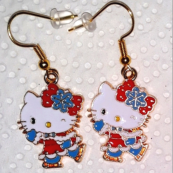 Hello Kitty Holiday Floral  Earrings.Red White Blue Gold Enamel Earwires NEW - Picture 6 of 7